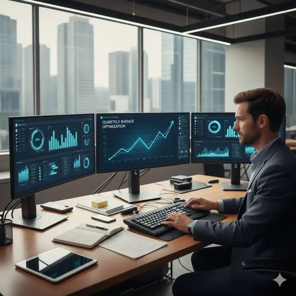 Profissional analisando estratégias de marketing digital em múltiplas telas com gráficos de crescimento